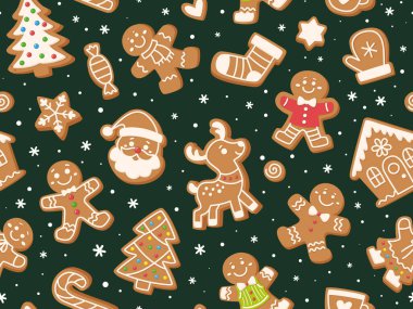 Erkek, ev, çorap, Noel Baba, geyik şeklinde zencefilli kurabiyeler. Zencefilli kurabiye ve kar taneleri olan bir karikatür tatili. Tatil dekorasyonu için vektör baskısı.