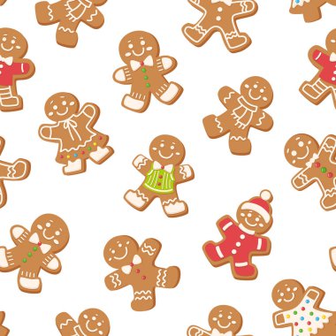 Kusursuz Noel kurabiyesi deseni. Zencefilli çöreklerin olduğu bir karikatür tatili. Tatil dekorasyonu, ambalaj kağıdı ve tekstil için vektör baskısı. Beyaz arkaplan.