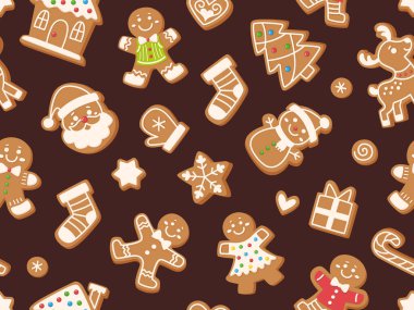 Çizgi filmlerdeki zencefilli çörekler, evler, kardan adamlar ve Noel Baba 'yla kusursuz bir Noel deseni. Zencefilli kurabiyeli tatil arkaplanı. Tatil dekorasyonu ve ambalaj kağıdı için vektör baskısı.