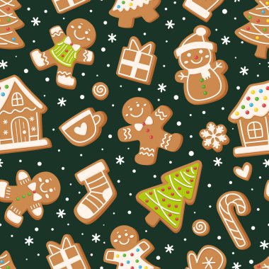 Karikatür Noel zencefilli kurabiye deseni. Zencefilli kurabiye figürleri, adam, ev, Noel ağacı, kardan adam, çorap ve diğerleri. Tatil dekorasyonları için vektör baskısı.