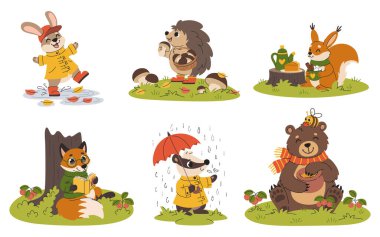 Çizgi film sonbahar orman hayvanları vektörü ayarlandı. Şirin tavşan, kirpi, sincap, tilki, porsuk ve mevsimsel aktivitelerle ayı. Çocuklar ve çocuklar için rahat kıyafetler giymiş Woodland karakterleri. Beyaz arkaplan.