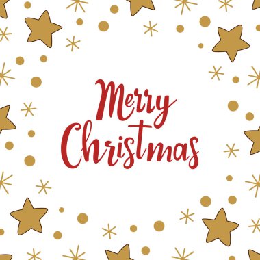 Christmas frame made of stars with lettering Merry Christmas in the center. Christmas and New Year festive border for holiday packaging, cards and decorations. Vector template.