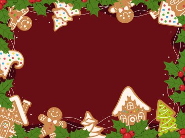 Christmas frame with gingerbread cookies, men, houses, Christmas trees and holly. Vector festive decor for greeting cards, invitations, posters, and seasonal projects. Red festive background.
