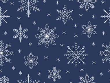 Mavi arka planda kar taneleri olan kışın pürüzsüz deseni. Ambalaj kağıdı, duvar kağıdı, tekstil, kumaş ve dekorasyon için tatil tasarımı. Vektör arkaplanı.