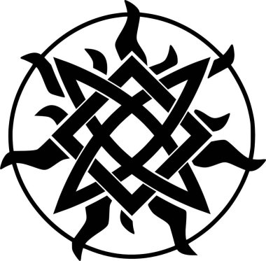 Orta kare svarog üzerinde haç olan siyah beyaz dairesel bir tasarım.