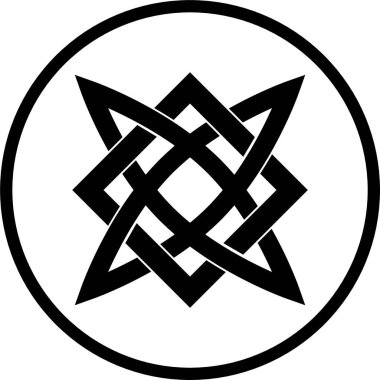 Orta kare svarog üzerinde haç olan siyah beyaz dairesel bir tasarım.