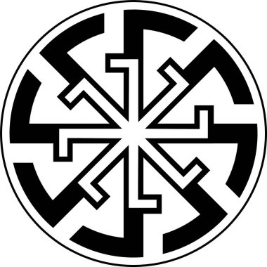 Ortasında haç olan siyah-beyaz dairesel bir tasarım.