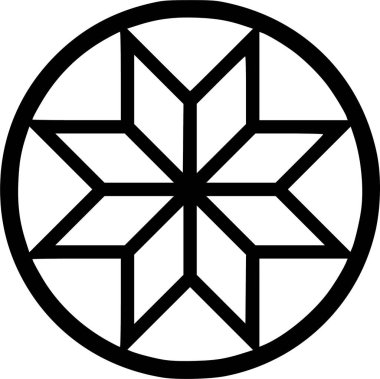 Orta alatyr ortasında bir yıldız olan siyah ve beyaz dairesel bir tasarım.