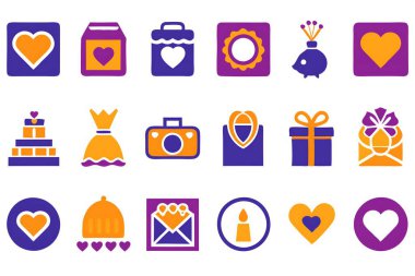 A collection of icons for wedding and gift related items. The icons include a heart, a suitcase, a camera, a cake, a dress, a box, and a candle clipart