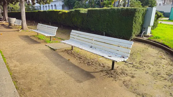 Parktaki beyaz güzel banklar.