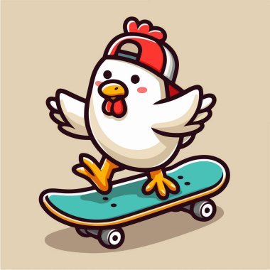 Sevimli tavuk çizgi film karakteri maskot kaykayı