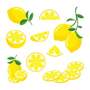 Eksiksiz, ortadan ikiye bölünmüş, limon parçalarını beyaz arka planda izole etmiş. Çeşitli biçimlerde taze sarı limon seti. Sağlıklı beslenme, beslenme ve vitamin limonları.
