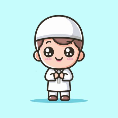 Küçük şirin çocuk çizgi film karakteri müslüman kafatası şapkası takıyor.