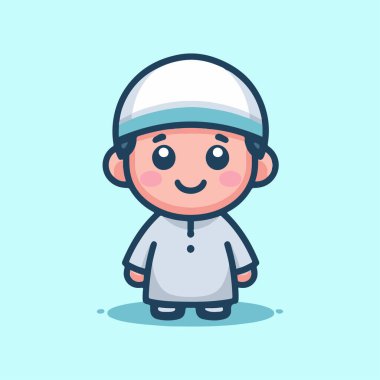 Küçük şirin çocuk çizgi film karakteri müslüman kafatası şapkası takıyor.