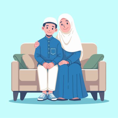 Müslüman anne ve oğlu kanepede birlikte oturuyor vektör çizimi.