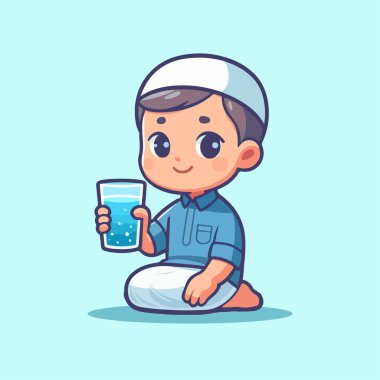 Müslüman çocuk halının üzerinde oturmuş su içiyor vektör çizimi yapıyor.