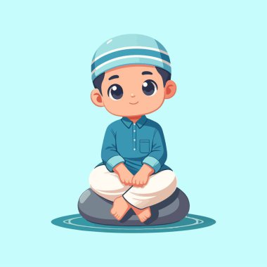 Yastık üzerinde oturan tatlı Müslüman çocuk vektör çizimi