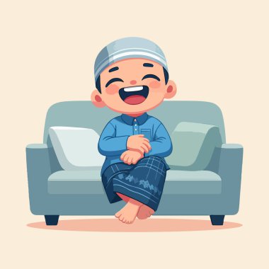 Kanepede oturan tatlı müslüman çocuk vektör çizimi.