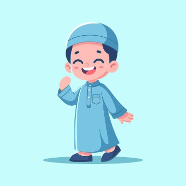 Kafatası çizgi filmi çizimi giyen heyecanlı müslüman çocuk.