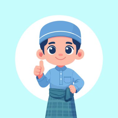 Sarong ve kafatası şapkası takan yakışıklı müslüman çocuk çizgi film vektör illüstrasyonunu onaylıyor