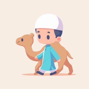 Müslüman çocuk deve çizgi filmindeki vektör çizimleriyle yürüyor.