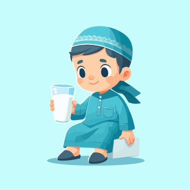 Çizgi film çizimi yaparken süt içen yakışıklı müslüman çocuk.