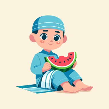 Çizgi film çizimi yaparken elinde karpuz tutan tatlı Müslüman çocuk.