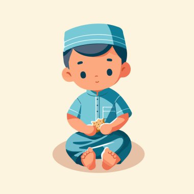 Çizgi film çizimi yaparken kuru ekmek yiyen tatlı müslüman çocuk.