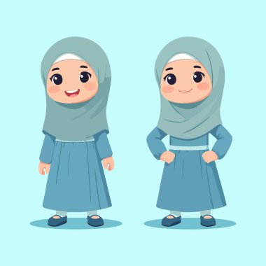 İki tatlı ikiz müslüman kız tesettür çizgi film vektör illüstrasyonu takıyor.