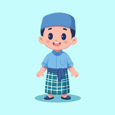 Sevimli, mutlu müslüman çocuk sarong ve skullcap vektör çizimi giyiyor.