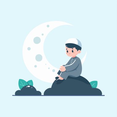 Ay ışığında bir kayanın üzerinde oturan tatlı müslüman çocuk.