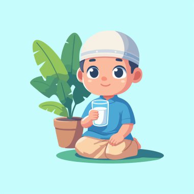 Bitki çizgi filmi çiziminin yanında oturmuş süt içen yakışıklı müslüman çocuk.