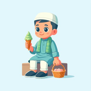 Çizgi film çizimi yaparken elinde dondurma tutan yakışıklı müslüman çocuk.