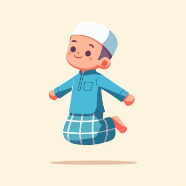 Şirin Müslüman çocuk mutlu bir çizgi film çizimi yapıyor.