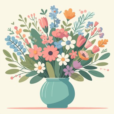 Dekorasyon vektörü illüstrasyonu için bir vazoda düz dizayn renkli çiçek deseni
