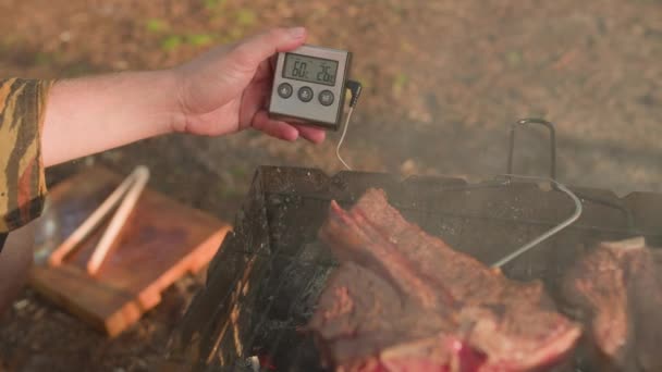 パインフォレストの夕日には夏の自然キャンプで温度計でグリルで焼いた牛肉ステーキ 松林の野外キャンプファミリー ライフスタイル どこへでも行け 高品質の4K映像 — ストック動画