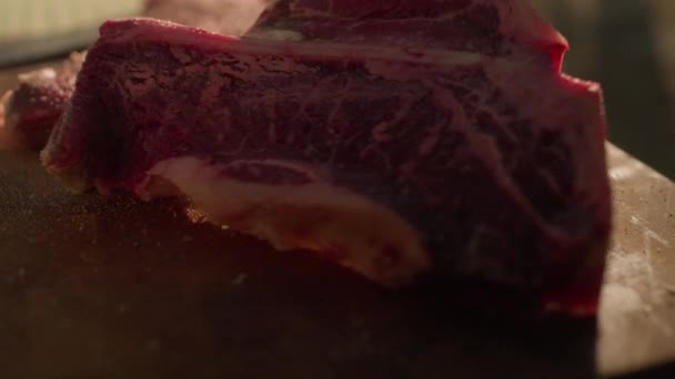 在野营烹调时 在大自然的生肉中添加盐 高质量的4K镜头 — 图库视频影像