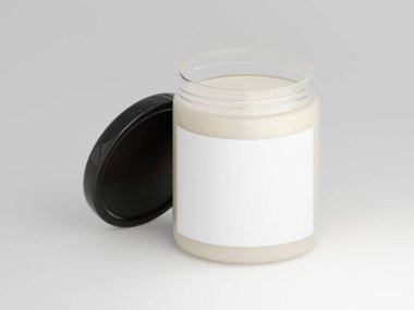 Beyaz arkaplanda kişiselleştirme için boş etiket alanı olan 9 ons kokulu cam mum