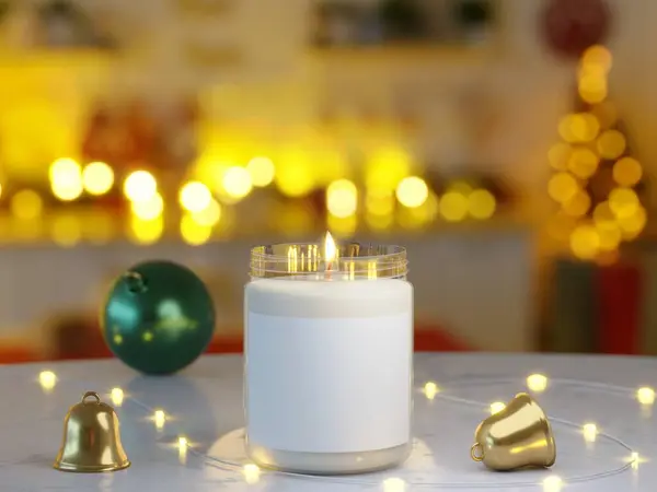A scented glass burning candle with bright lights unfocused and Christmas decorations. Blank label for logo, text or design as a 3d rendering