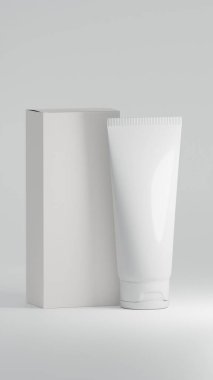 Sade beyaz arka planda ambalaj kutusuyla gerçekçi beyaz renkli kozmetik ürünler.