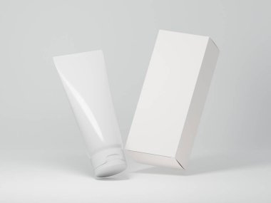 Floating and rotated white glossy cosmetic tube mockup with packaging box with blank space for logo on a plain white background