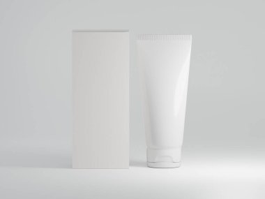 Logo, metin ya da tasarım için düz beyaz arkaplan üzerinde kopyalama alanı olan beyaz parlak kozmetik tüp