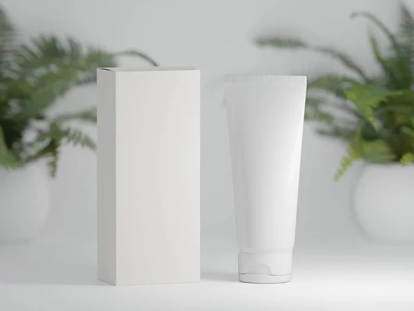 White glossy cosmetic product with packaging box. Blank space for logo, text or design on a white background with house plants.