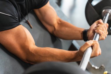 Spor salonunda halterle pazı çalıştıran bir adamın kaslı kolları..