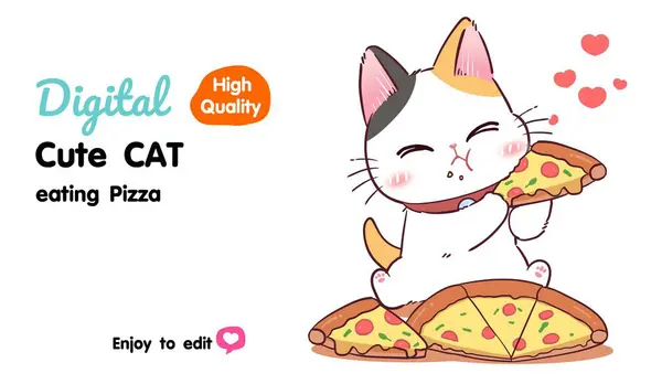 Lezzetli pizza yiyen sevimli kedi, yüksek çözünürlüklü vektör çizimi..