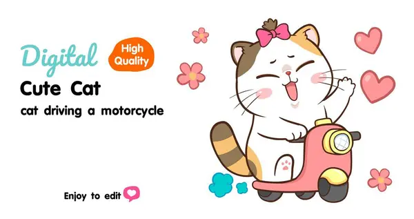 Niedliche Cartoon Katze Fährt Motorrad Stockvektor