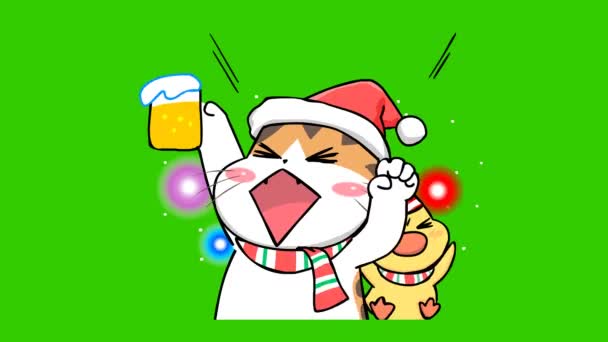 Kočka Veselé Vánoční Animace Zelené Obrazovce Emotivní Charakter Video — Stock video