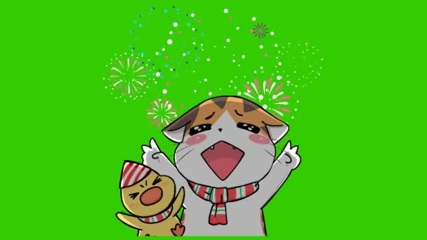 猫メリークリスマスアニメーション グリーンスクリーン 感情キャラクター4Kビデオ — ストック動画