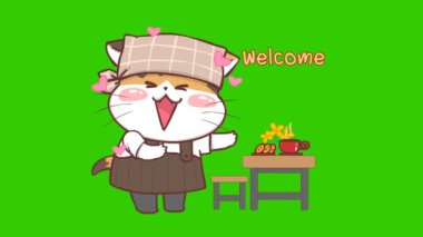 Yeşil ekranda kedi kahve dükkanı animasyonu, duygu karakteri 4k video