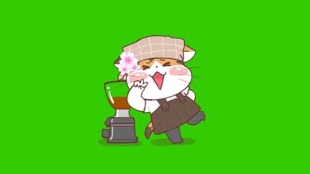 猫コーヒーショップアニメーション グリーンスクリーン 感情キャラクター4Kビデオ — ストック動画